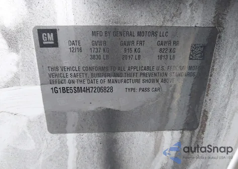 2017 Chevrolet Cruze Lt Auto z USA, uszkodzony, nr VIN 1G1BE5SM4H7206828